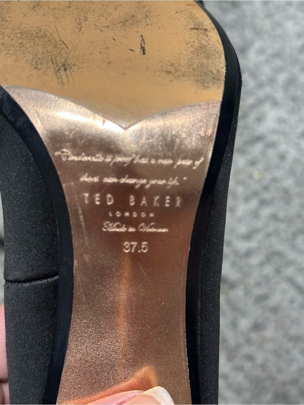 Ted Baker London Black Satin Bow Pumps Heels Rose Gold Pointed Toe 37.5 - Picture 3 of 8